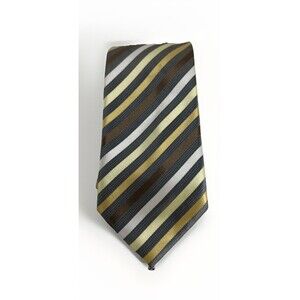 George Men’s Silk Tie Grey Gold Tan Horizontal Stripes Business Fashion